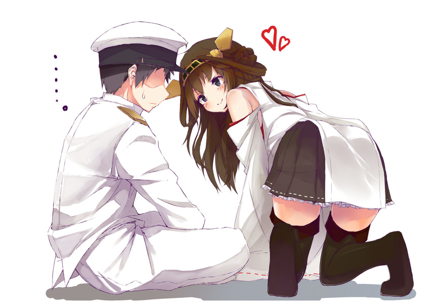 1girl admiral_(kantai_collection) ahoge all_fours blush boots brown_hair detached_sleeves japanese_clothes kantai_collection kongou_(kantai_collection) long_hair military military_uniform ribbon-trimmed_sleeves ribbon_trim simple_background sitting skirt sweatdrop thigh_boots thighhighs uniform white_background yuui_hutabakirage