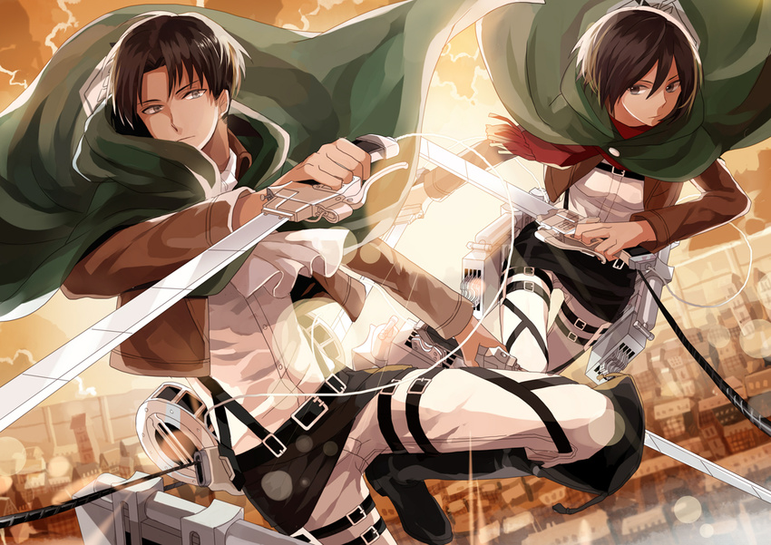 1girl black_eyes black_hair brown_eyes brown_jacket cape day dress_shirt dual_wielding emblem green_cape hair_between_eyes holding holding_sword holding_weapon jacket lens_flare levi_(shingeki_no_kyojin) looking_at_viewer michi_(iawei) mikasa_ackerman military military_uniform open_clothes open_jacket outdoors pants paradis_military_uniform red_scarf scarf shingeki_no_kyojin shirt short_hair sunlight survey_corps_(emblem) sword three-dimensional_maneuver_gear uniform weapon white_pants white_shirt