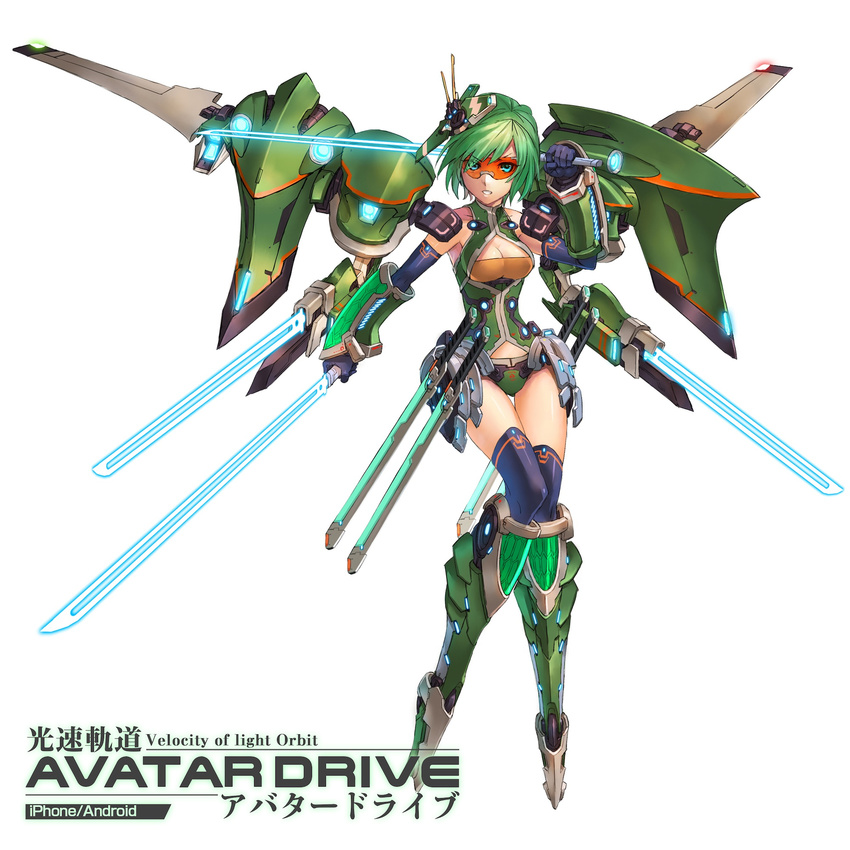 cleavage_cutout copyright_name green_eyes green_hair highres kousoku_kidou_avatar_drive mask mecha_musume nkmr8 short_hair solo sword watermark weapon white_background