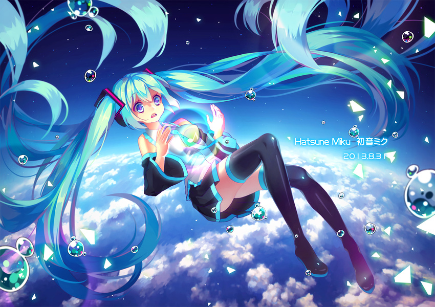 2013 aqua_hair bad_id bad_pixiv_id blue_eyes boots bubble character_name cloud dated detached_sleeves hatsune_miku long_hair musical_note necktie skirt solo sougishi_ego thigh_boots thighhighs twintails very_long_hair vocaloid