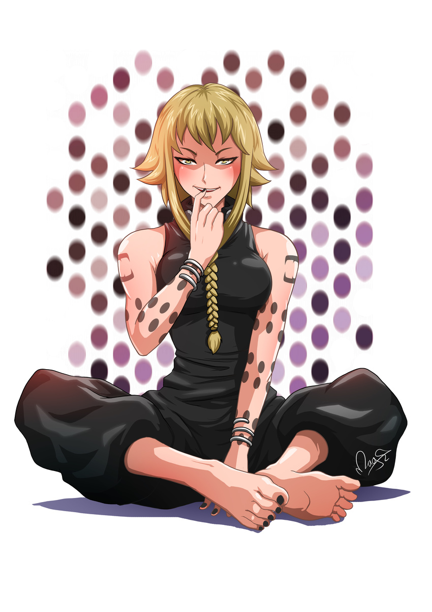 absurdres barefoot blonde_hair blush bracelet braid capri_pants feet finger_to_mouth highres indian_style jewelry long_hair looking_at_viewer magion02 medusa_gorgon pants sitting soles soul_eater tattoo toenail_polish toes yellow_eyes