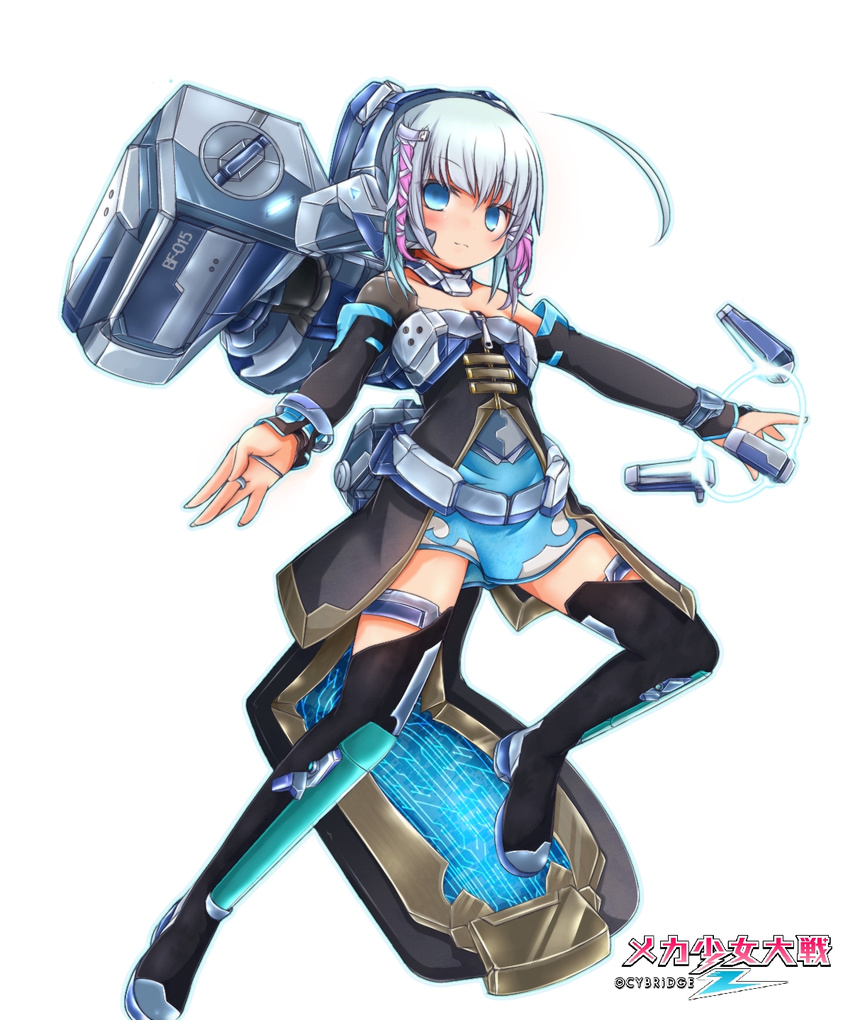 ahoge akino_coto blue_eyes blue_hair blush boots copyright_name detached_sleeves empty_eyes highres jewelry md5_mismatch mecha_musume mecha_shoujo_taisen_z ring short_hair simple_background skirt solo thigh_boots thighhighs watermark white_background