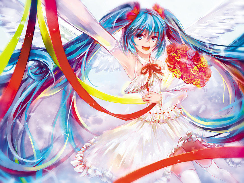 aqua_eyes aqua_hair arm_up armpits bouquet detached_sleeves dress flower hatsune_miku highres long_hair open_mouth outstretched_arm ranyun solo thighhighs twintails very_long_hair vocaloid wings