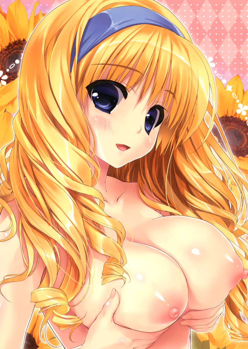 absurdres argyle argyle_background blonde_hair blue_hairband blush breast_lift breasts cecilia_alcott collarbone flower hairband highres infinite_stratos large_breasts long_hair looking_at_viewer nipples open_mouth scan shintarou shiny shiny_skin smile solo sunflower topless