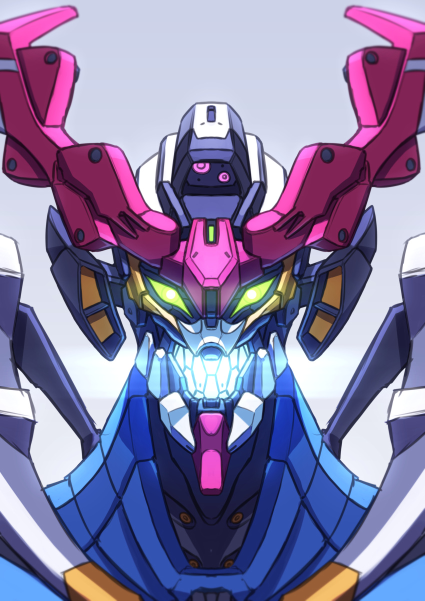 absurdres alternate_form commentary_request glowing glowing_eyes gquuuuuux green_eyes grey_background gundam gundam_gquuuuuux highres ka_ki_o looking_at_viewer mecha mecha_focus mobile_suit no_humans open_mouth portrait robot science_fiction solo spoilers v-fin