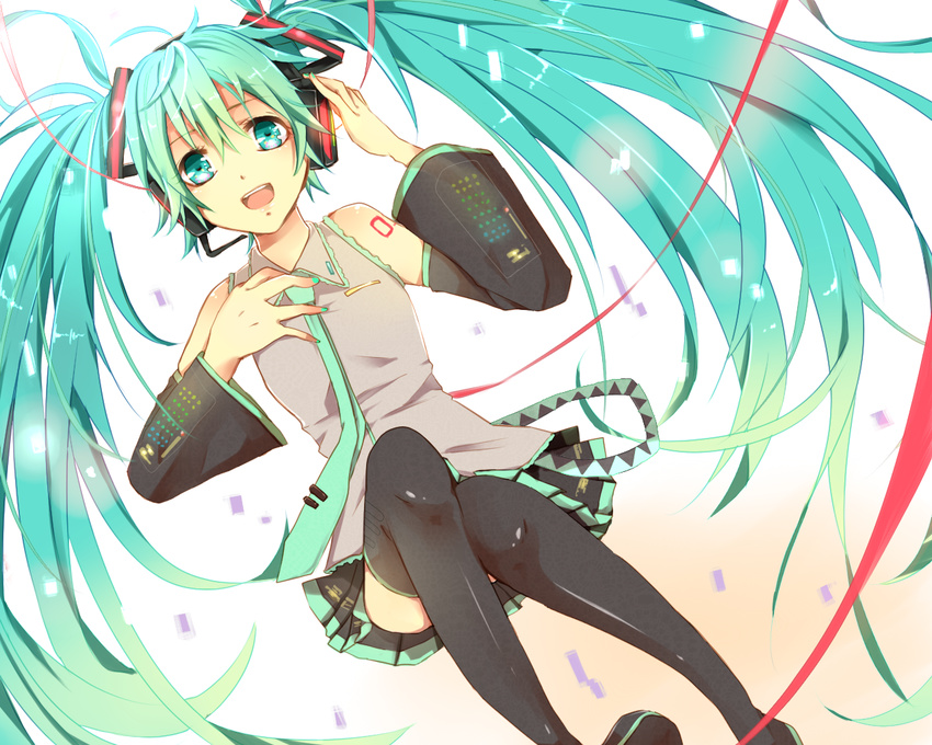 aqua_eyes aqua_hair boots detached_sleeves hanadog hand_on_own_chest hatsune_miku headset long_hair necktie open_mouth skirt solo thigh_boots thighhighs twintails very_long_hair vocaloid
