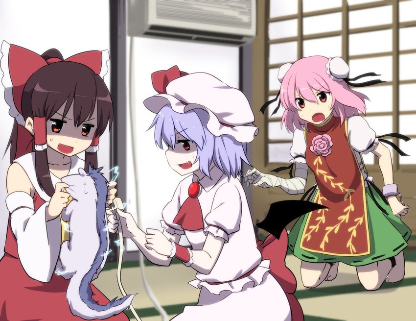 air_conditioner bandages bat_wings bow brown_hair double_bun fang hair_bow hair_tubes hakurei_reimu hat ibaraki_kasen leon_(mikiri_hassha) long_hair multiple_girls open_mouth pale_skin pink_hair purple_hair raijuu red_eyes remilia_scarlet shaded_face short_hair skirt skirt_set smile sweatdrop touhou wings