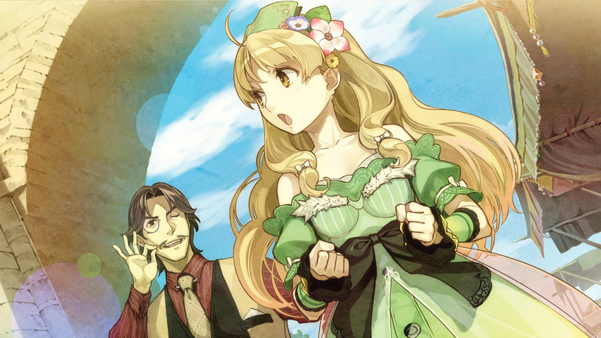 1girl :o atelier_(series) atelier_ayesha ayesha_altugle blonde_hair bow brown_eyes brown_hair clenched_hands dress dutch_angle facial_hair flower fur_trim game_cg hair_flower hair_ornament harry_olson hat hidari_(left_side) long_hair monocle mustache necktie official_art one_eye_closed ribbon short_hair smile touching_mustache