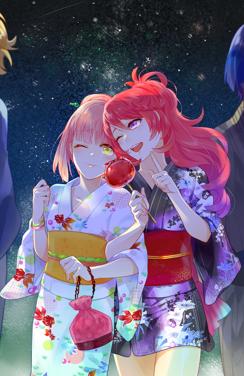 ;d bag blush bracelet braid candy_apple floral_print food hair_bun hair_ornament hair_stick highres index_finger_raised japanese_clothes jewelry karuha kimono locked_arms long_hair multiple_girls nail_polish nanami_haruka obi one_eye_closed open_mouth pink_hair purple_eyes red_hair sash shibuya_tomochika short_hair smile uta_no_prince-sama wagashi yellow_eyes yukata