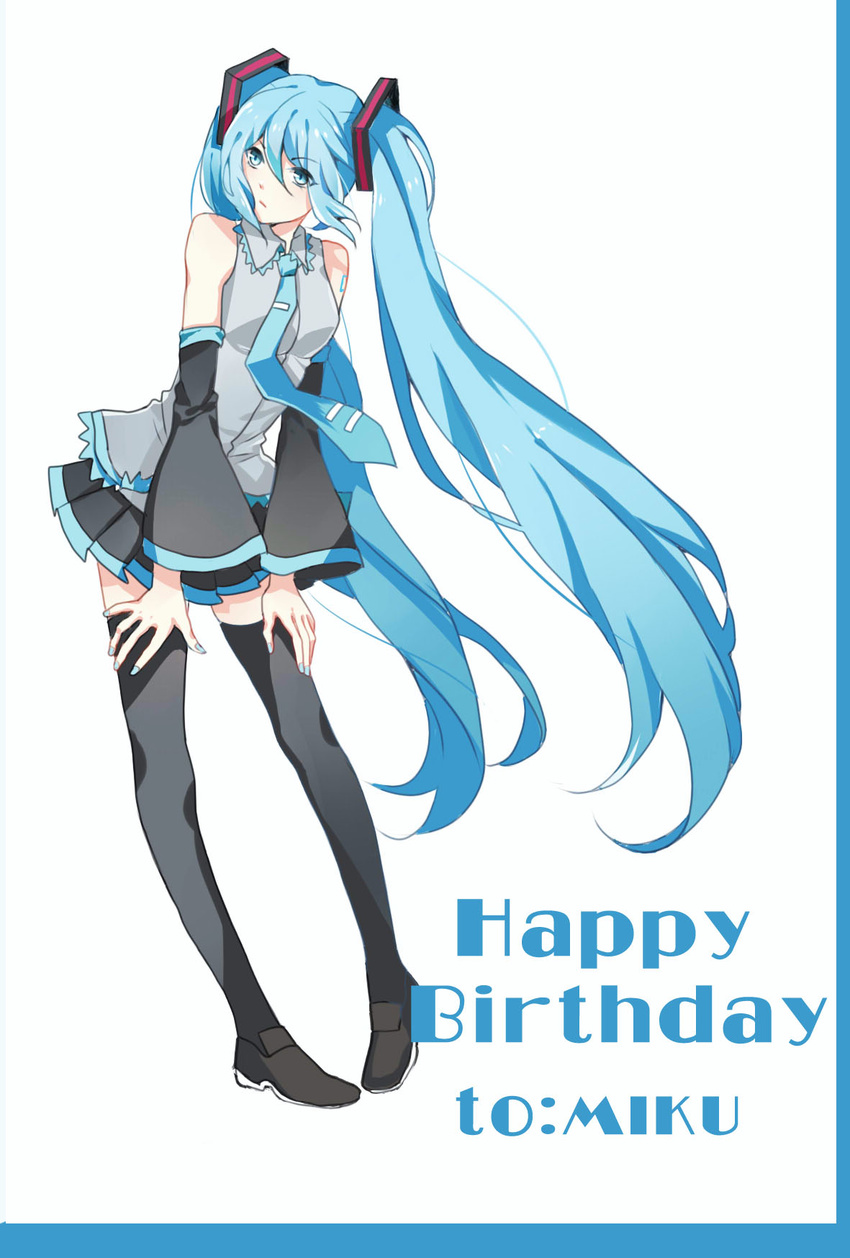 blue_eyes blue_hair character_name detached_sleeves happy_birthday hatsune_miku highres long_hair matcha_(1254422375) necktie pigeon-toed skirt solo thighhighs twintails very_long_hair vocaloid white_background