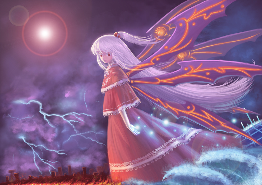 aka_(rosedream) city cloud cloudy_sky colored_eyelashes dress hair_bobbles hair_ornament lace lavender_hair lens_flare light_smile lightning long_hair multiple_wings purple_wings red_eyes shinki side_ponytail sky solo touhou touhou_(pc-98) very_long_hair water wings