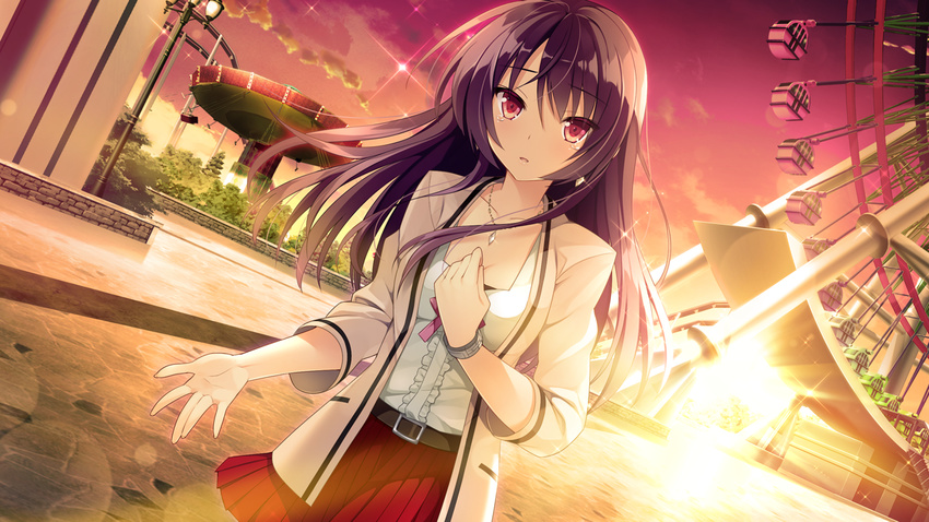 amusement_park backlighting bangs belt black_hair blazer breasts cleavage clenched_hand cloud colored_eyelashes cowboy_shot dutch_angle earrings ferris_wheel frills fujita_konomi game_cg hand_on_own_chest jacket jewelry koi_saku_miyako_ni_ai_no_yakusoku_wo_~annaffiare~ lamppost lens_flare long_hair looking_at_viewer medium_breasts natsume_eri necklace open_blazer open_clothes open_jacket outdoors outstretched_hand parted_bangs parted_lips pleated_skirt red_eyes red_skirt ribbon skirt sky solo sparkle standing sun sunset tears tree tsurime watch wristwatch