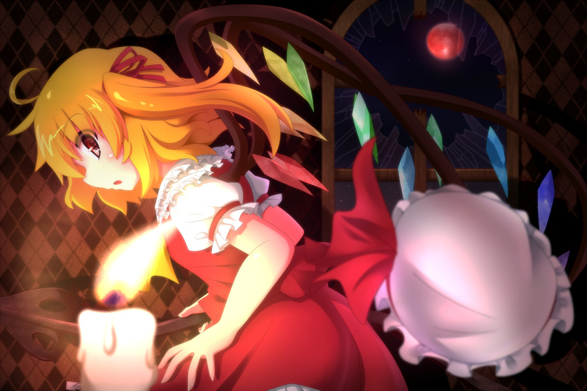 argyle ascot blonde_hair candle flandre_scarlet full_moon hat hat_removed headwear_removed laevatein moon open_mouth red_eyes red_moon ryuu_(multitask) short_hair side_ponytail solo touhou wings