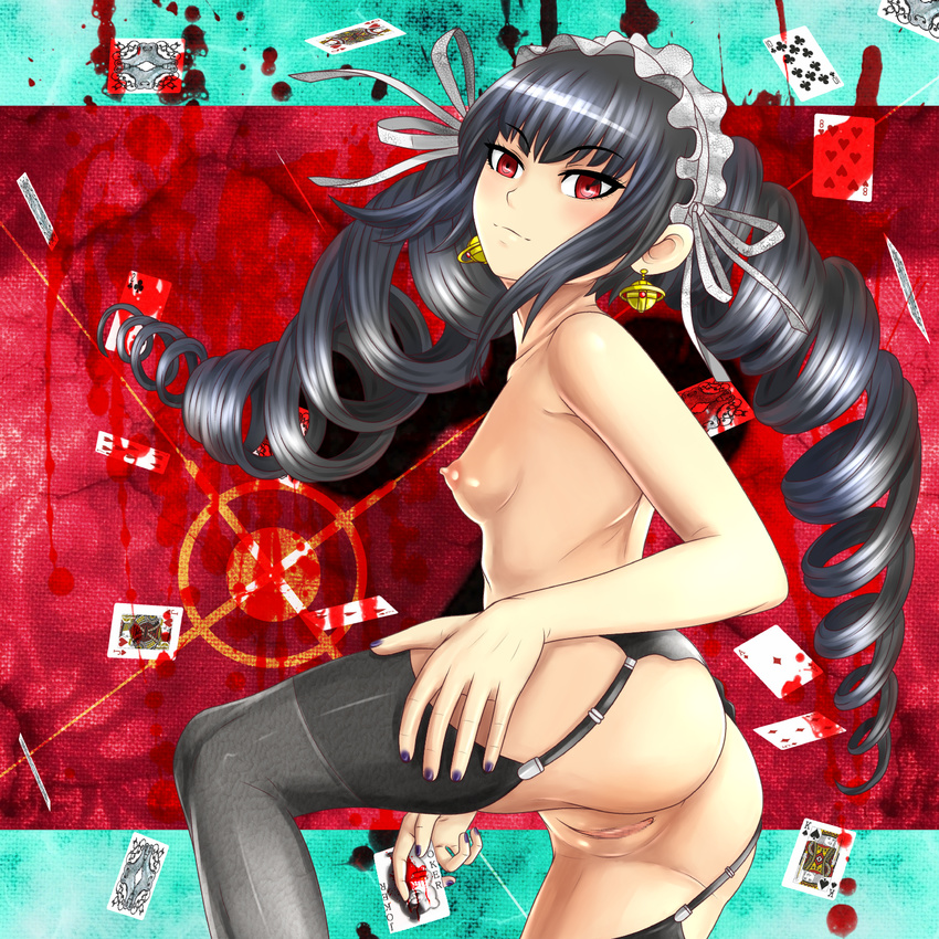ass black_hair breasts card celestia_ludenberck danganronpa danganronpa_1 drill_hair garter_belt highres long_hair nike_(0306) nipples no_panties pussy red_eyes small_breasts solo thighhighs topless twin_drills twintails