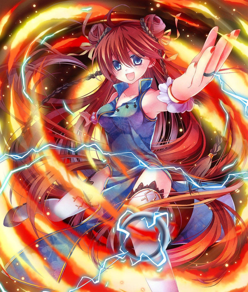 bad_id bad_pixiv_id blue_eyes braid breasts china_dress chinese_clothes collarbone double_bun dress fire flame floral_print highres jewelry long_hair looking_at_viewer medium_breasts mikazuki_sara open_mouth original outstretched_arms red_hair ring side_slit sleeveless sleeveless_dress smile solo sparks spread_legs string thighhighs twin_braids very_long_hair white_legwear wrist_cuffs zettai_ryouiki