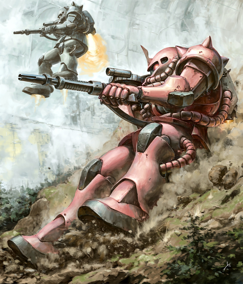 absurdres aiming colony_interior commentary_request flying from_side gun gundam highres holding holding_gun holding_weapon horns mecha mecha_focus mobile_suit mobile_suit_gundam no_humans one-eyed red_eyes robot rock science_fiction shoulder_spikes single_horn spikes thrusters weapon youkoumori zaku_ii zaku_ii_s_char_custom zeon