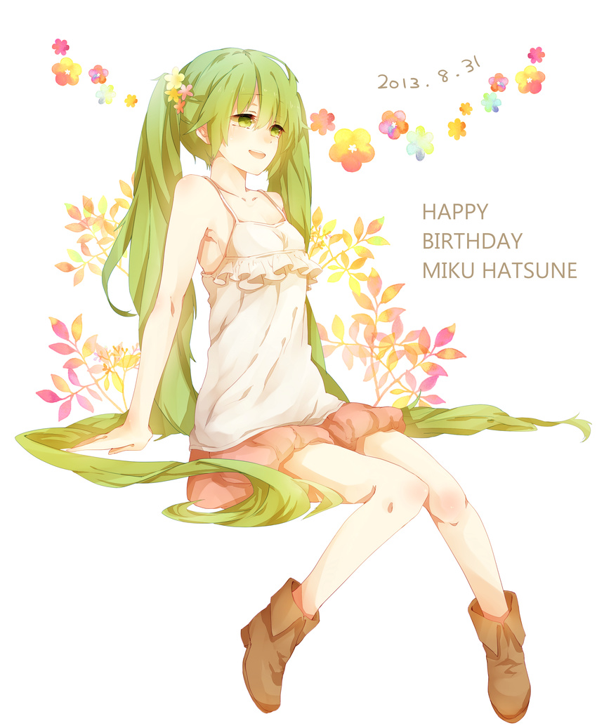 2013 absurdres bad_id bad_pixiv_id character_name dated flower full_body green_eyes green_hair hair_flower hair_ornament happy_birthday hatsune_miku highres hokano long_hair open_mouth shoes sitting solo tears twintails very_long_hair vocaloid white_background