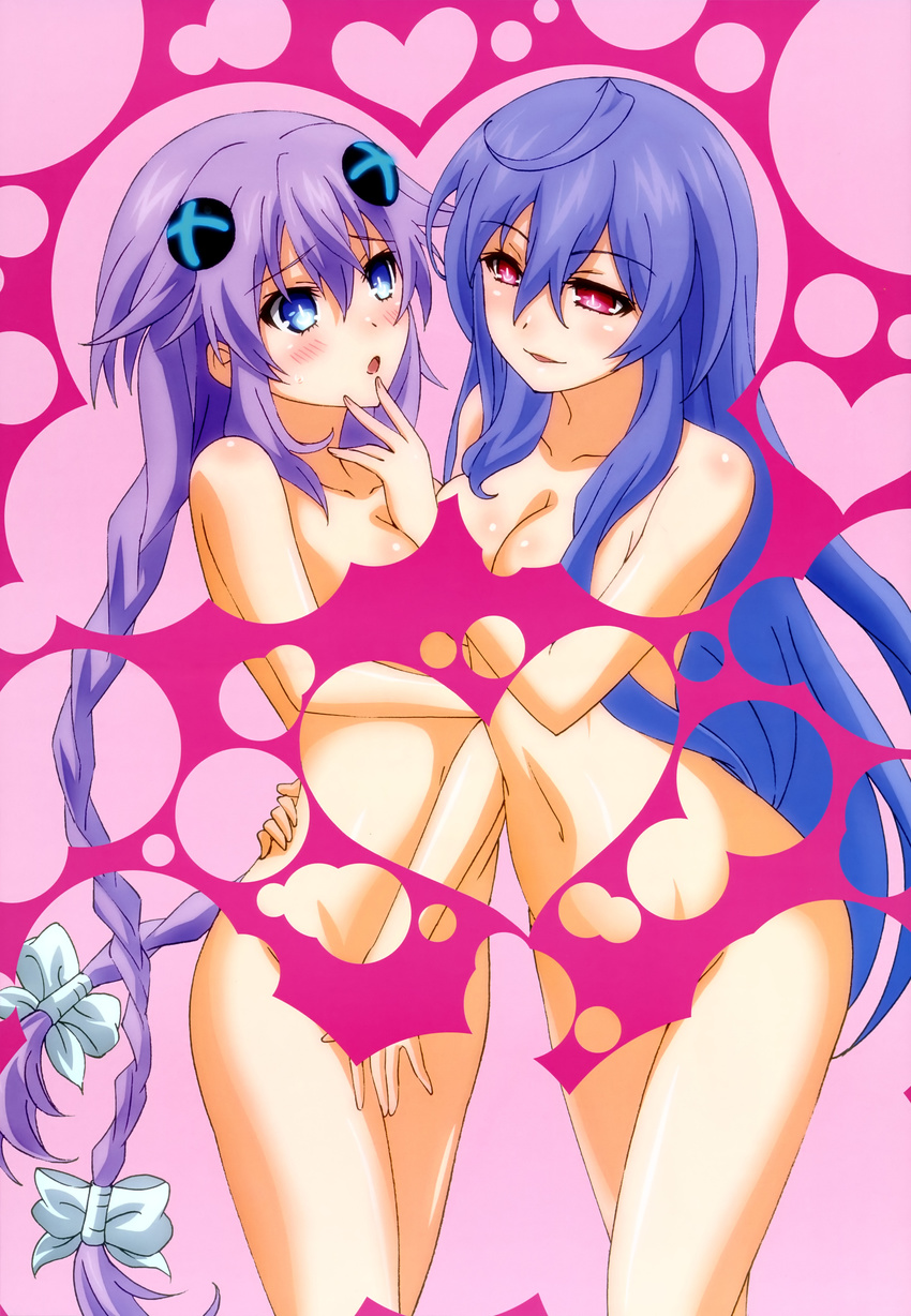 :d :o absurdres ahoge bangs blue_eyes blue_hair blush body_blush bow braid breasts bubble_filter censored cleavage cowboy_shot eye_contact flipped_hair from_side groin hair_between_eyes hair_bow hand_on_another's_chin heart highres iris_heart long_hair looking_at_another magical_girl medium_breasts multiple_girls naughty_face navel neptune_(series) nervous non-web_source novelty_censor nude nyantype official_art open_mouth pink_background power_symbol purple_hair purple_heart raised_eyebrows red_eyes scan smile sweatdrop symbol-shaped_pupils tatezaki_hiroshi twin_braids very_long_hair yuri