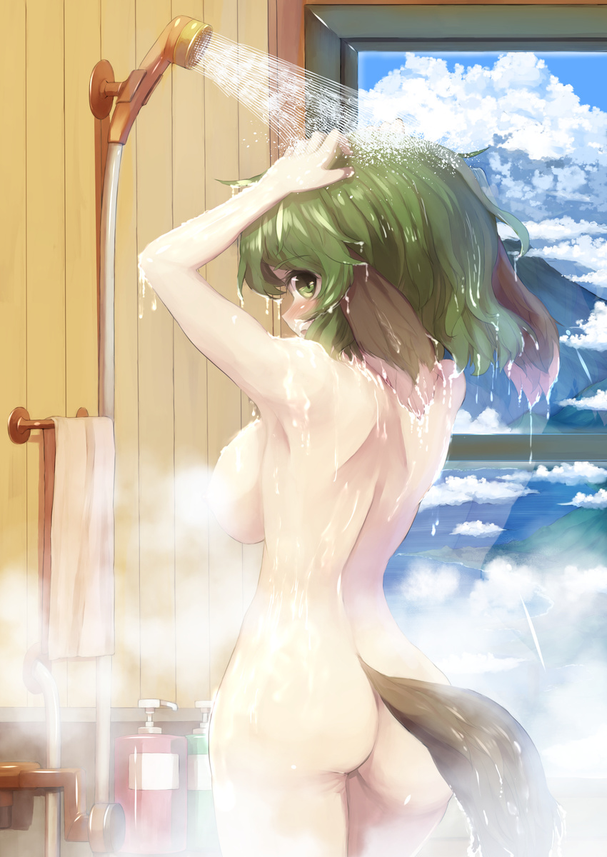animal_ears armpits arms_up ass back bathing bathroom blush bottle breasts censored cloud convenient_censoring danbo_(rock_clime) day from_behind green_eyes green_hair highres indoors kasodani_kyouko large_breasts looking_at_viewer looking_back mountain nipples nude ocean open_mouth short_hair shoulder_blades showering sideboob sky soap_bottle solo steam steam_censor tail touhou towel towel_rack washing_hair water wet wet_hair window