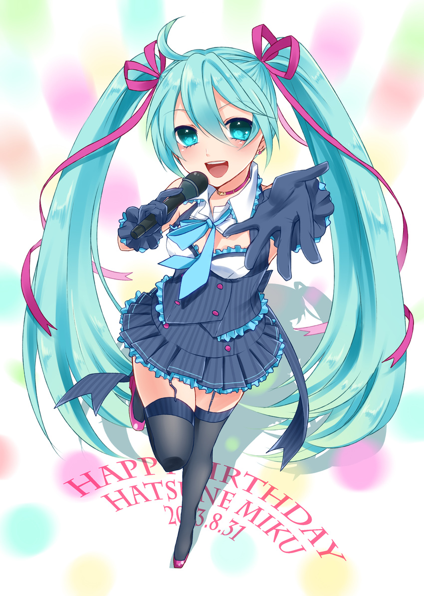 2013 absurdres ahoge aqua_eyes aqua_hair character_name choker dated earrings garter_straps gloves hair_ribbon happy_birthday hatsune_miku highres jewelry long_hair microphone open_mouth outstretched_arm ribbon skirt solo standing standing_on_one_leg thighhighs twintails very_long_hair vocaloid yayoi_(egoistic_realism)