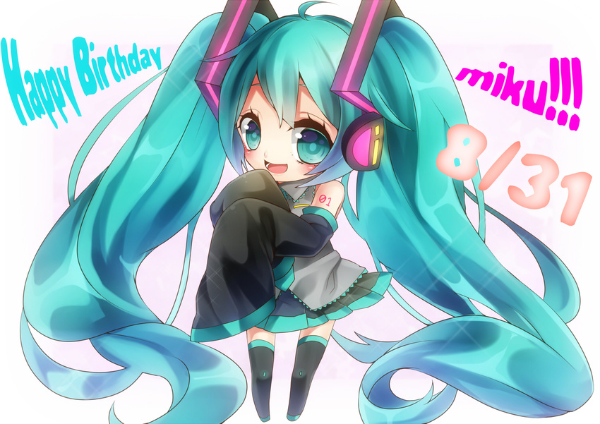 aqua_eyes aqua_hair bad_id bad_pixiv_id character_name chibi dated detached_sleeves happy_birthday hatsune_miku headphones kyouda_suzuka long_hair open_mouth oversized_clothes skirt solo thighhighs twintails very_long_hair vocaloid