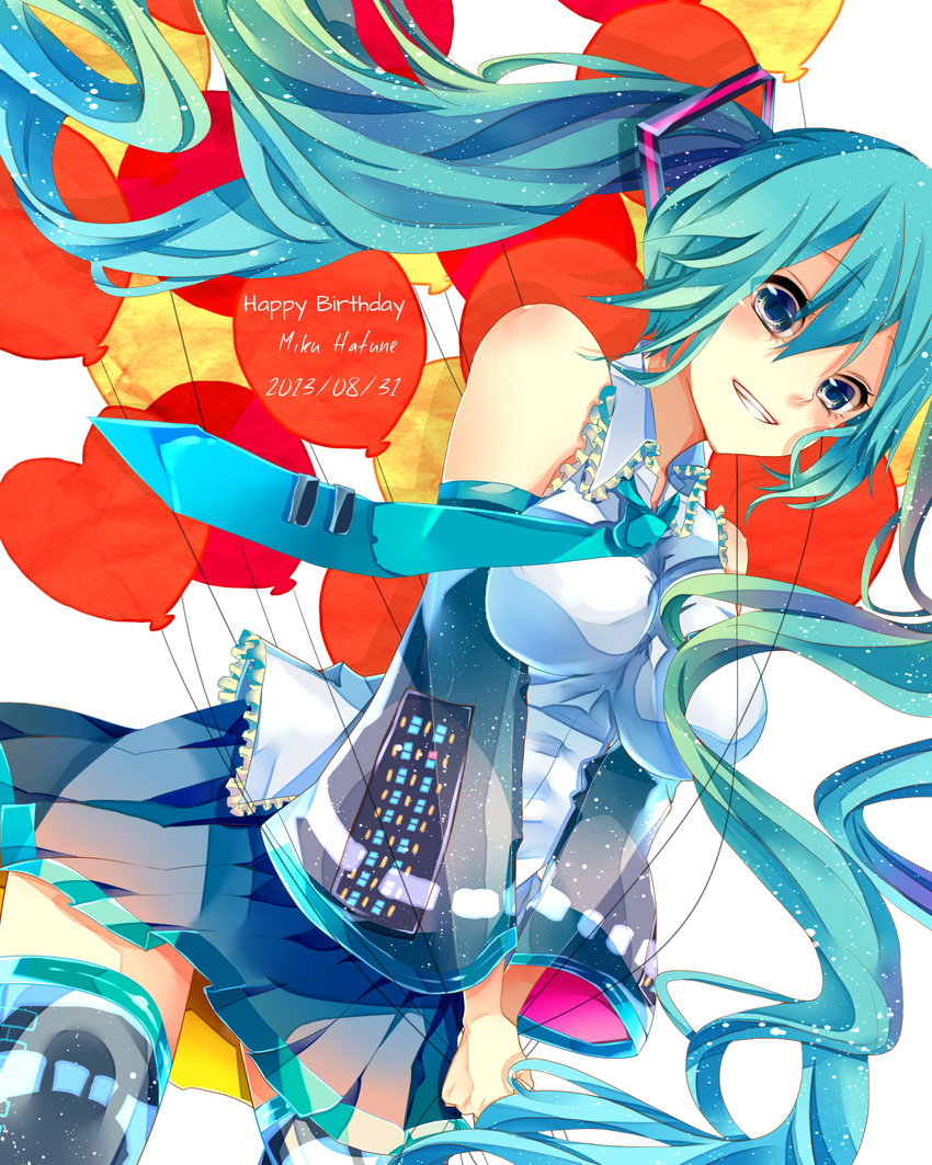 2013 aqua_hair balloon character_name dated detached_sleeves floating_hair grin happy_birthday hatsune_miku heart_balloon highres long_hair necktie see-through skirt smile solo thighhighs togashi_(choco-bakama_kitchen) twintails very_long_hair vocaloid white_background