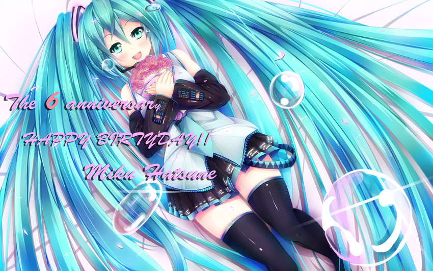 aqua_hair blush bouquet bubble character_name detached_sleeves flower green_eyes happy_birthday hatsune_miku headset highres long_hair nail_polish necktie open_mouth sawa_nao skirt solo tears thighhighs twintails very_long_hair vocaloid