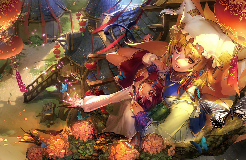 blonde_hair brown_hair bug butterfly cat_tail chen flower fox_tail hat insect lap_pillow liduke long_hair looking_at_viewer multiple_girls multiple_tails red_eyes short_hair smile tail touhou yakumo_ran yellow_eyes