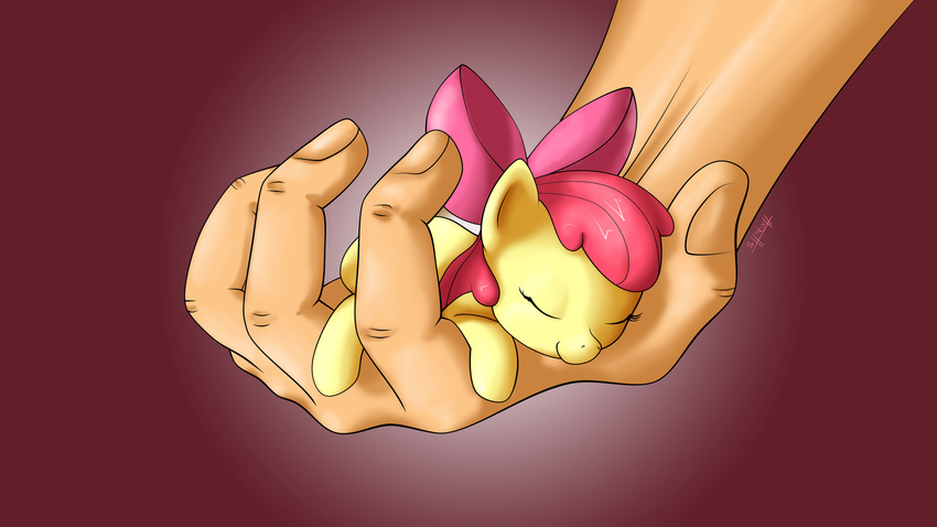 baby beige_skin bow cub cute disembodied_hand equine female feral friendship_is_magic hair hair_bow hand holding horse human mammal micro my_little_pony pink_hair plain_background pony red_background shoroch sleeping yellow_body young