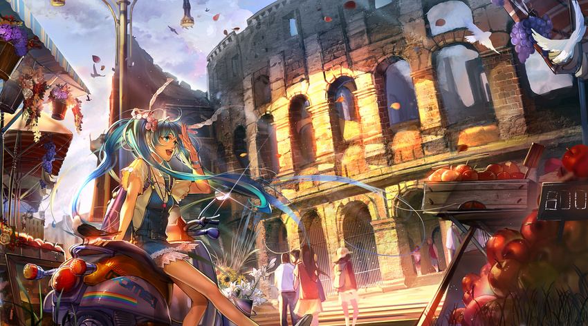 apple aqua_eyes aqua_hair arm_support bird bracelet building colosseum flower food fruit ground_vehicle hair_flower hair_ornament hatsune_miku highres italy jewelry landmark liduke long_hair motor_vehicle motorcycle necklace open_mouth petals rome scooter sitting sky smile solo_focus twintails very_long_hair vocaloid