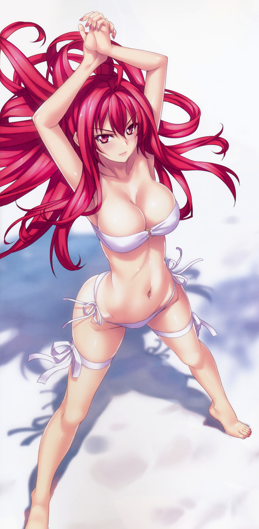 :| absurdres ahoge arched_back arms_up bandeau bare_shoulders barefoot bikini breasts cleavage closed_mouth corticarte_apa_lagranges fingernails from_above highres kannatsuki_noboru large_breasts legs_apart lips long_hair nail_polish navel o-ring o-ring_top older red_eyes red_hair ribbon scan shinkyoku_soukai_polyphonica side-tie_bikini solo standing swimsuit thigh_ribbon toenail_polish v-shaped_eyebrows white_bikini