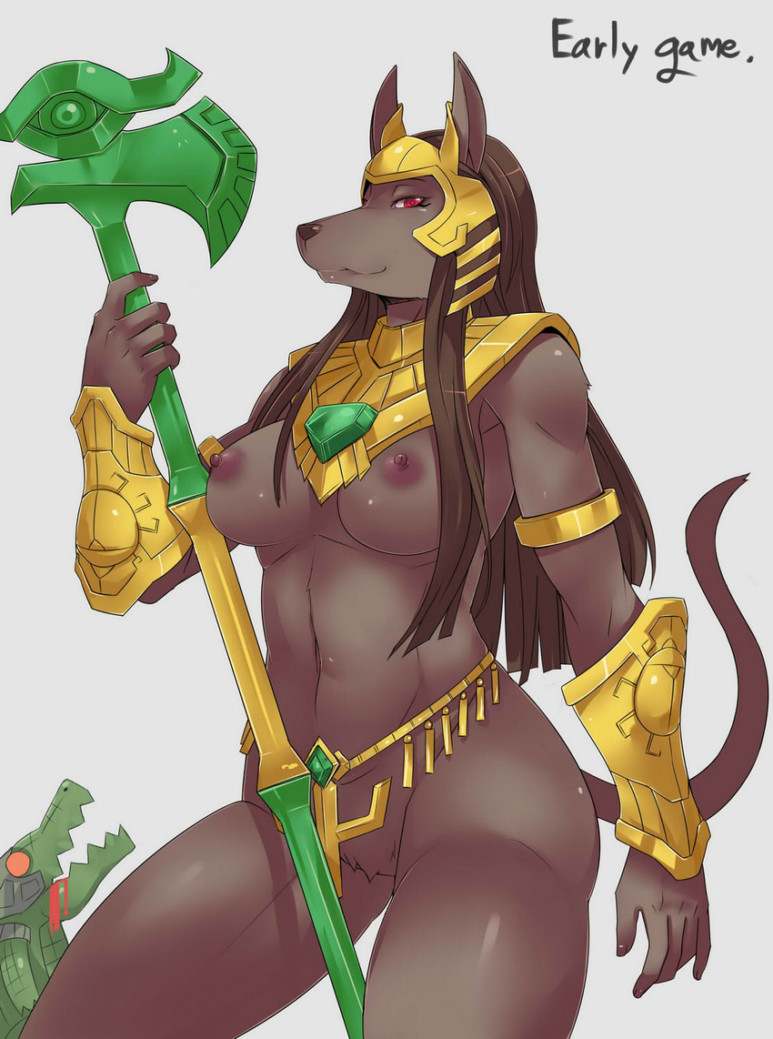 animal_ears armlet armor belly_chain black_hair bottomless breasts dark_nipples dark_skin dog_ears dog_tail exaxuxer forehead_protector furry genderswap genderswap_(mtf) highres jewelry large_breasts league_of_legends long_hair nasus navel nipples polearm red_eyes renekton smile snout solo_focus tail vambraces weapon