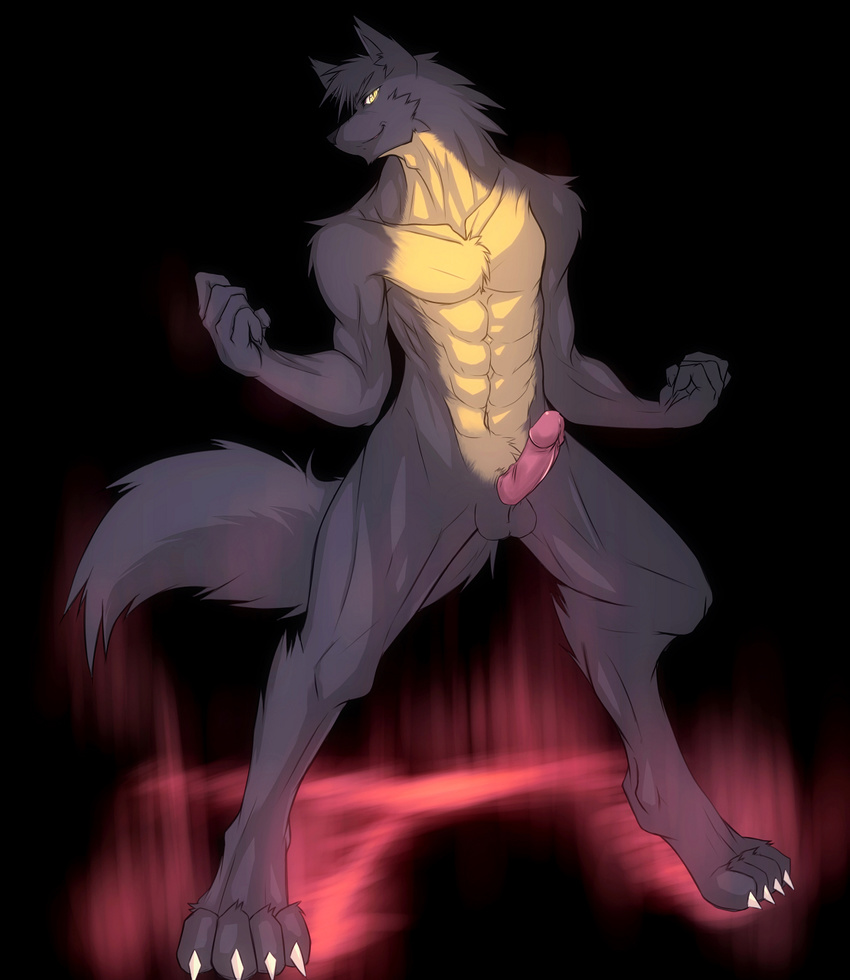 abstract_background anthro balls biceps black_nose canine chest_tuft claws erection flexing fur grey_fur grin humanoid_penis kiba-wolf looking_at_viewer male mammal muscles nude pecs penis pose presenting sheath smile solo standing toe_claws toned tuft vein wolf yellow_eyes yellow_fur