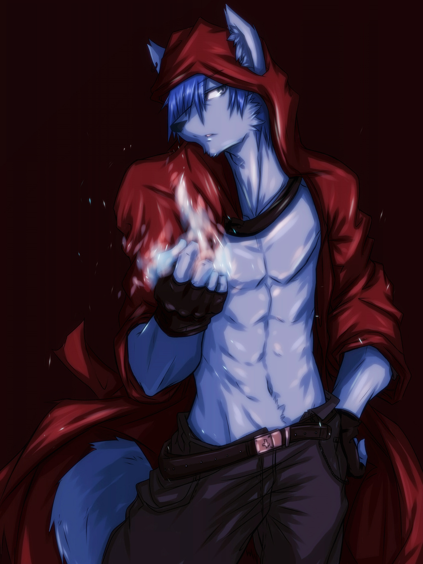 abs anthro belt biceps blue_eyes blue_fur blue_nose canine clothing fur hoodie jacket kiba-wolf magic male mammal muscles open_shirt pants pecs pose shirt solo standing toned wolf