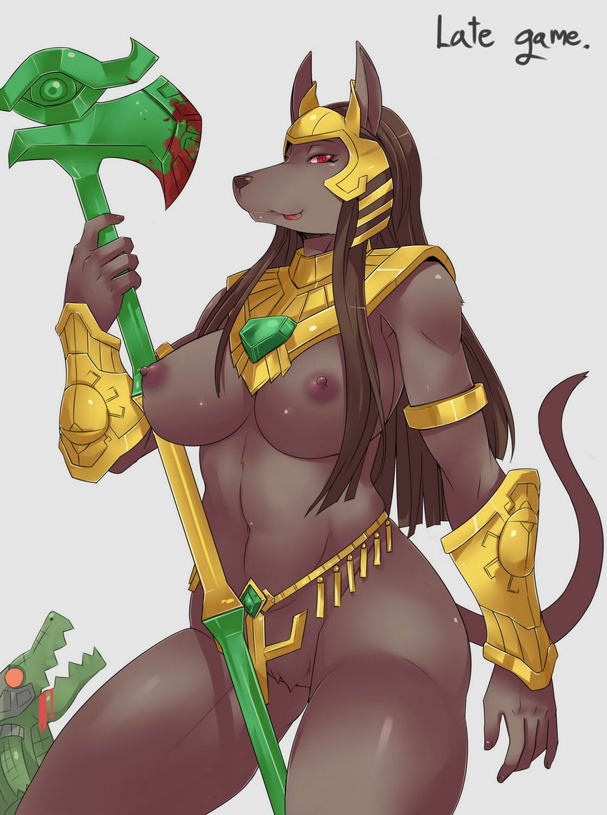 animal_ears armlet armor belly_chain black_hair blood bottomless breasts dark_nipples dark_skin dog_ears dog_tail exaxuxer forehead_protector furry genderswap genderswap_(mtf) highres huge_breasts jewelry league_of_legends long_hair nasus naughty_face navel nipples polearm red_eyes renekton snout solo_focus tail tongue tongue_out vambraces weapon