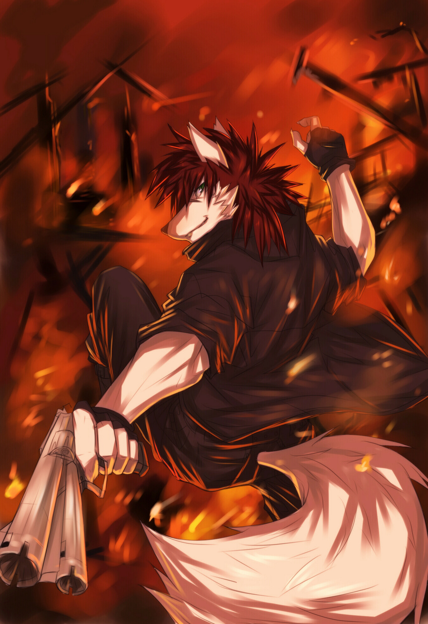canine fight fire gun kiba-wolf looking_at_viewer male mammal ranged_weapon solo warm_colors weapon wolf