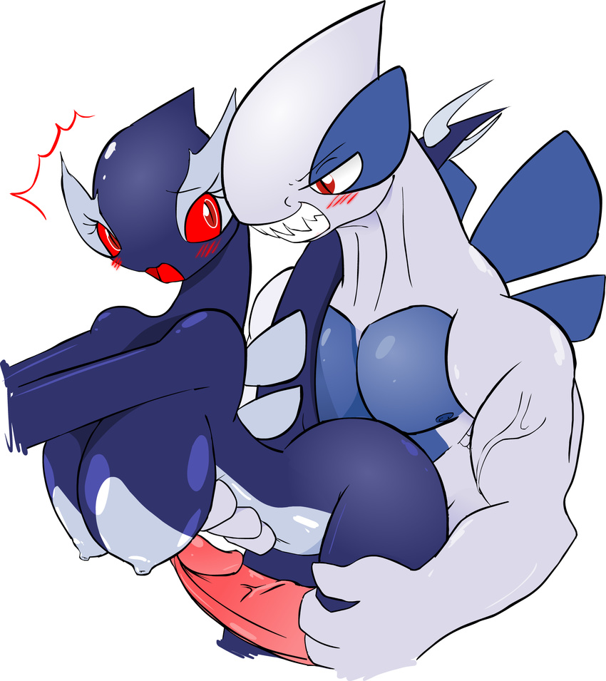 big_breasts blush breasts duo erect_nipples erection female from_behind huge_breasts legendary_pok&#233;mon legendary_pokemon looking_back lugia male nintendo nipples open_mouth penis plain_background pok&#233;mon pok&eacute;mon red_eyes shadow shadow_lugia sharp_teeth smile straight teeth video_games white_background zxx3