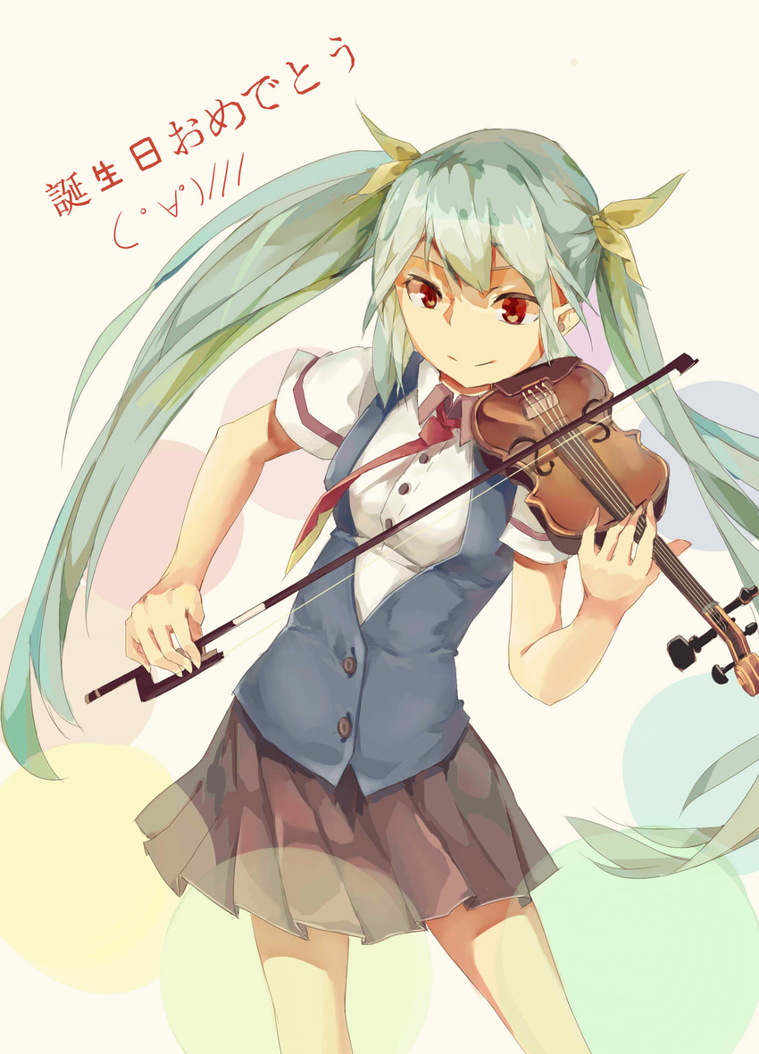 absurdres bad_id bad_pixiv_id green_hair happy_birthday hatsune_miku highres huanxiang_heitu instrument long_hair music necktie playing_instrument red_eyes skirt solo twintails very_long_hair violin vocaloid