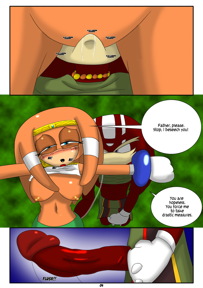 blue_eyes breasts clothing comic cunnilingus dialog duo echidna english_text female from_behind hi_res incest licking male oral oral_sex penis pussy sega sex skirt sonic_(series) straight text tikal_the_echidna tongue vaginal