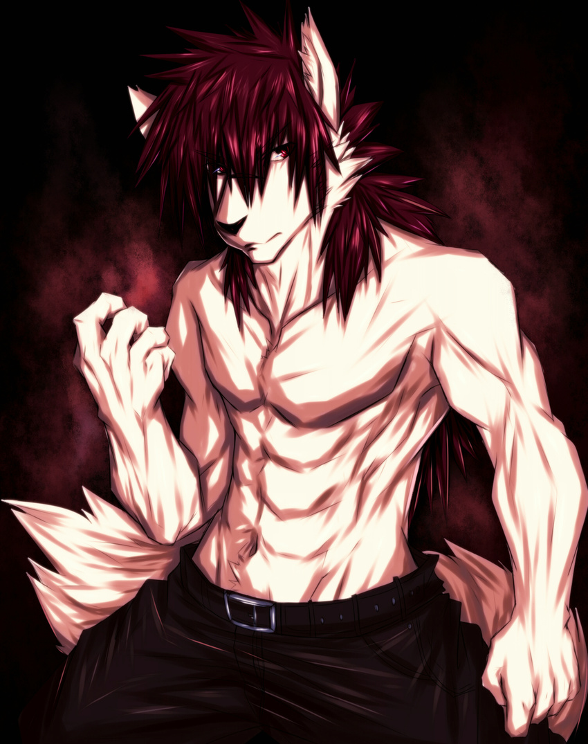 anthro belt biceps black_nose canine clothed clothing flexing fur hair half-dressed kiba-wolf male mammal muscles pants pecs pose red_eyes red_hair solo standing toned topless white_fur wolf