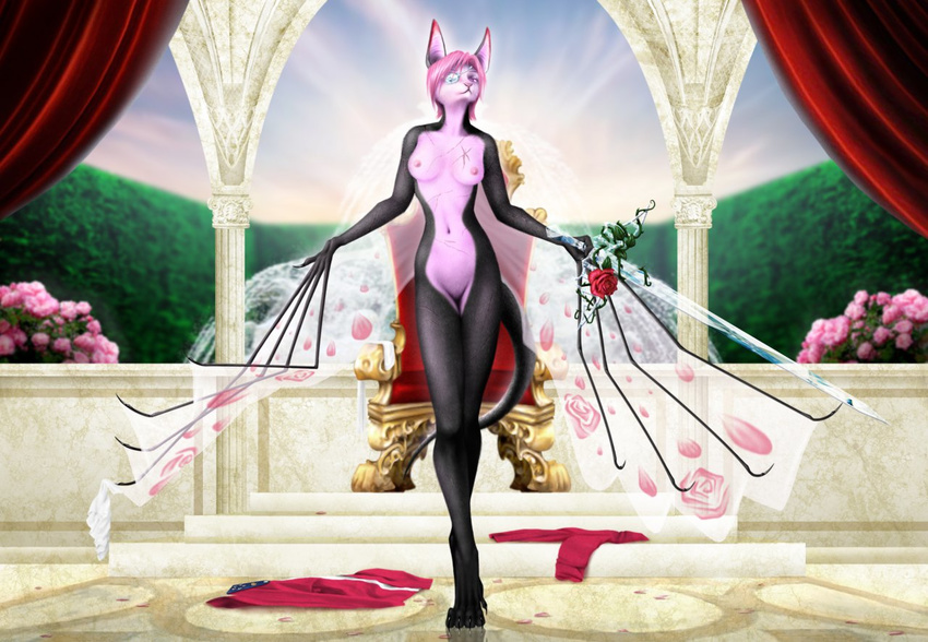 bat crystal curtains detailed eye_patch eyewear female flower fountain front fur general gloves hair jocarra looking_at_viewer mammal nude nyxis pink_fur pink_hair pinup portrait pose purple_eyes realistic_wings rose royal royalty scar solo standing sword throne walking weapon wings