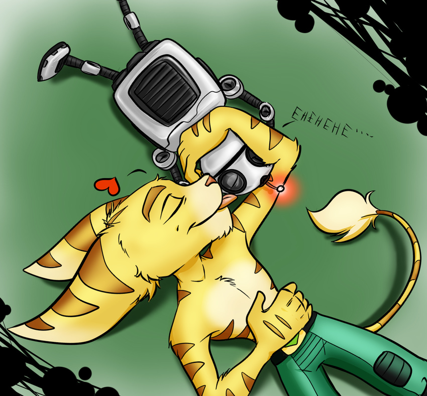&lt;3 chitterbox clank clothed clothing couple eyes_closed gay licking lombax love lying machine male mechanical on_back ratchet ratchet_and_clank robot romantic tail_tuft tongue tongue_out topless tuft