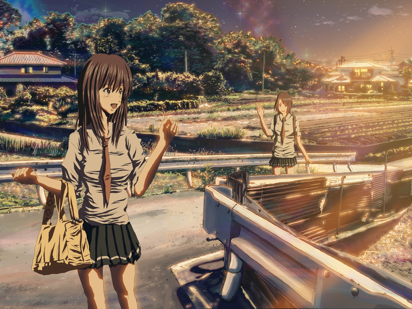 brown_hair highres houjou_takasi light light_rays multiple_girls necktie original real_world_location scenery skirt star sunbeam sunlight