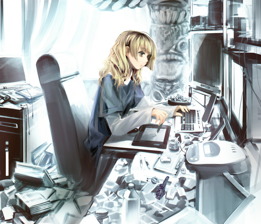 blonde_hair cigarette computer drawing_tablet ein_(long_cake) highres long_hair messy_room original sitting solo totem_pole