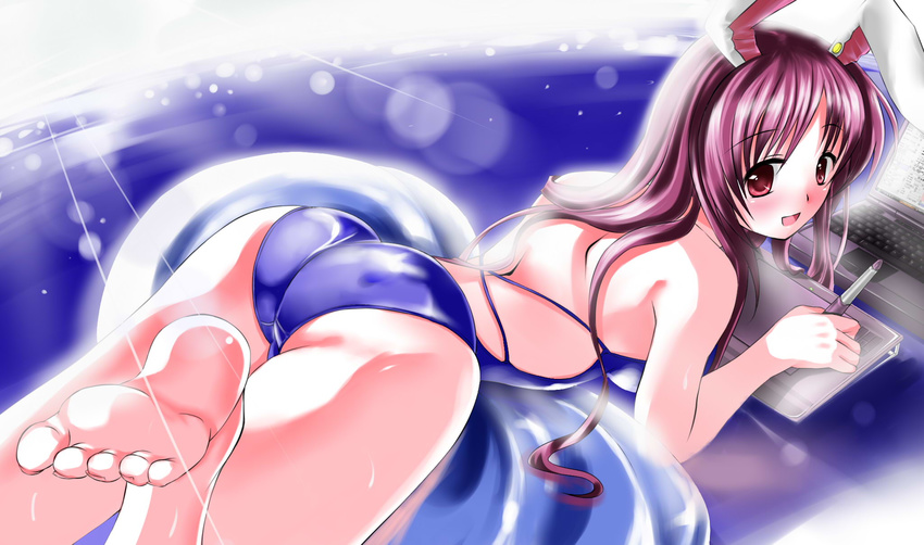 animal_ears ass bad_id bad_pixiv_id barefoot bunny_ears caidychen computer derivative_work drawing_tablet feet highres laptop long_hair looking_back lying on_stomach one-piece_swimsuit purple_hair red_eyes reisen_udongein_inaba soles solo swimsuit touhou wacom