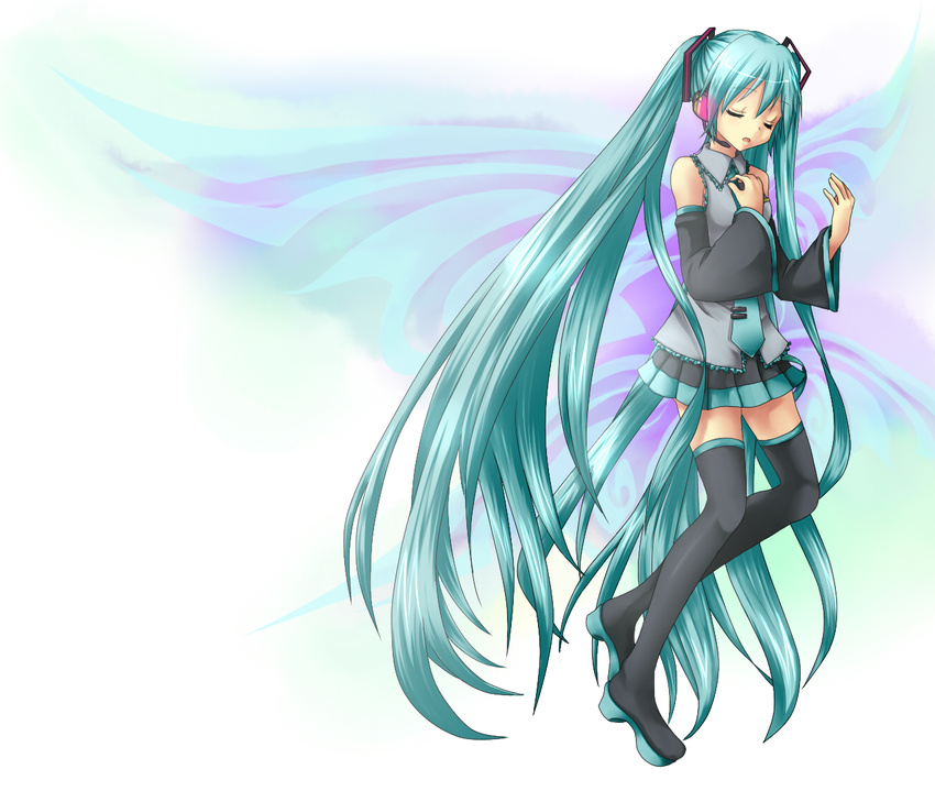 aqua_hair bad_id bad_pixiv_id closed_eyes detached_sleeves etou_(cherry7) hatsune_miku headset long_hair necktie skirt solo thighhighs twintails very_long_hair vocaloid zettai_ryouiki