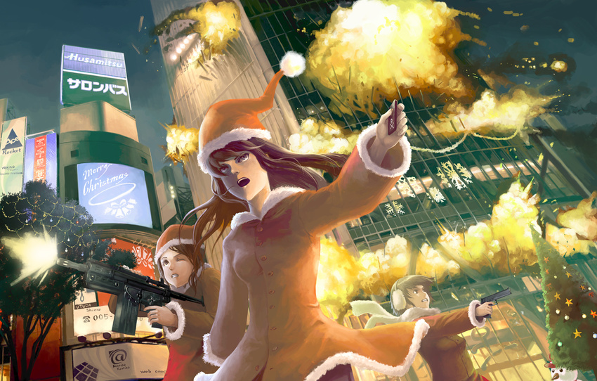 action brown_hair building buttons christmas city coat commentary_request detonator earmuffs explosion firing flash_suppressor gun handgun hat hiraoka_masamune holding holding_gun holding_weapon long_hair multiple_girls muzzle_flash night one_eye_closed original pistol rifle santa_hat scarf skyscraper snowman terrorism weapon winter_clothes