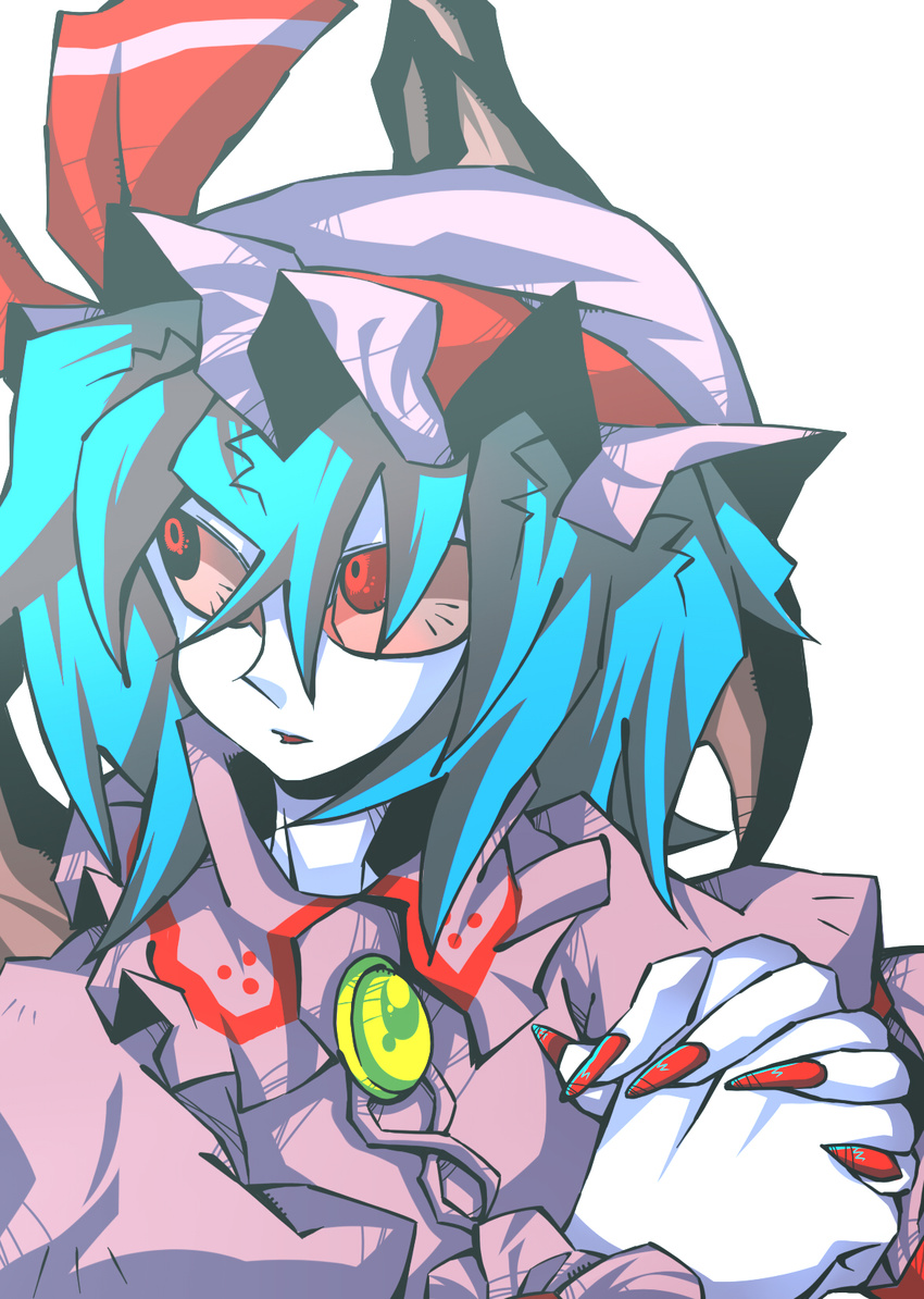 bad_id bad_pixiv_id blue_hair fingernails hat highres long_fingernails mob_cap nail_polish ninomae pink_hat pink_sclera red_eyes red_nails remilia_scarlet solo touhou upper_body white_skin