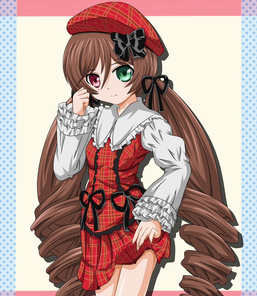 alternate_hairstyle bow brown_hair dress dress_lift hair_ribbon hat heterochromia highres long_hair ribbon rozen_maiden solo suiseiseki takumi_(rozen_garten) twintails very_long_hair