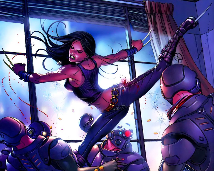1280x1024 belt black_hair blood boots buckle_boots bullet claws combat_boots gothic_boots leather marvel muscle_shirt shirt tank_top vambrace x-23 x-men